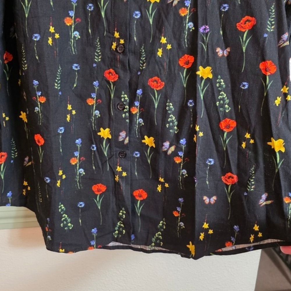 Unbranded Button-Up Blouse Women XL Black Floral Butterfly Pleated Babydoll Back - Picture 13 of 14